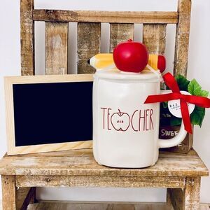 NWT Rae Dunn Set 2 Pcs TEACHER Pencil & Apple Topper Mug & Little Blackboard